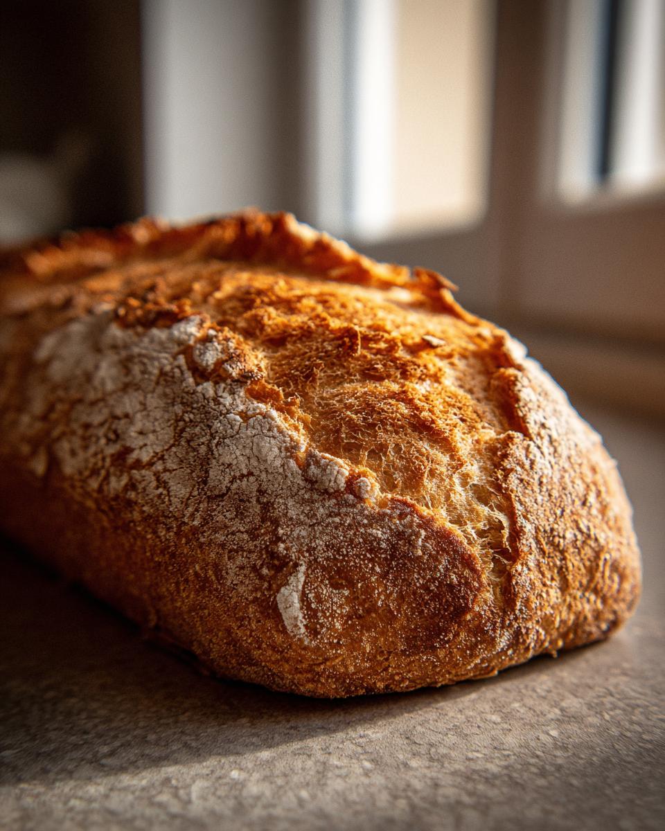 Close-up of a freshly baked, crusty Italian bread loaf with a golden-brown exterior and a dusting of flour.
