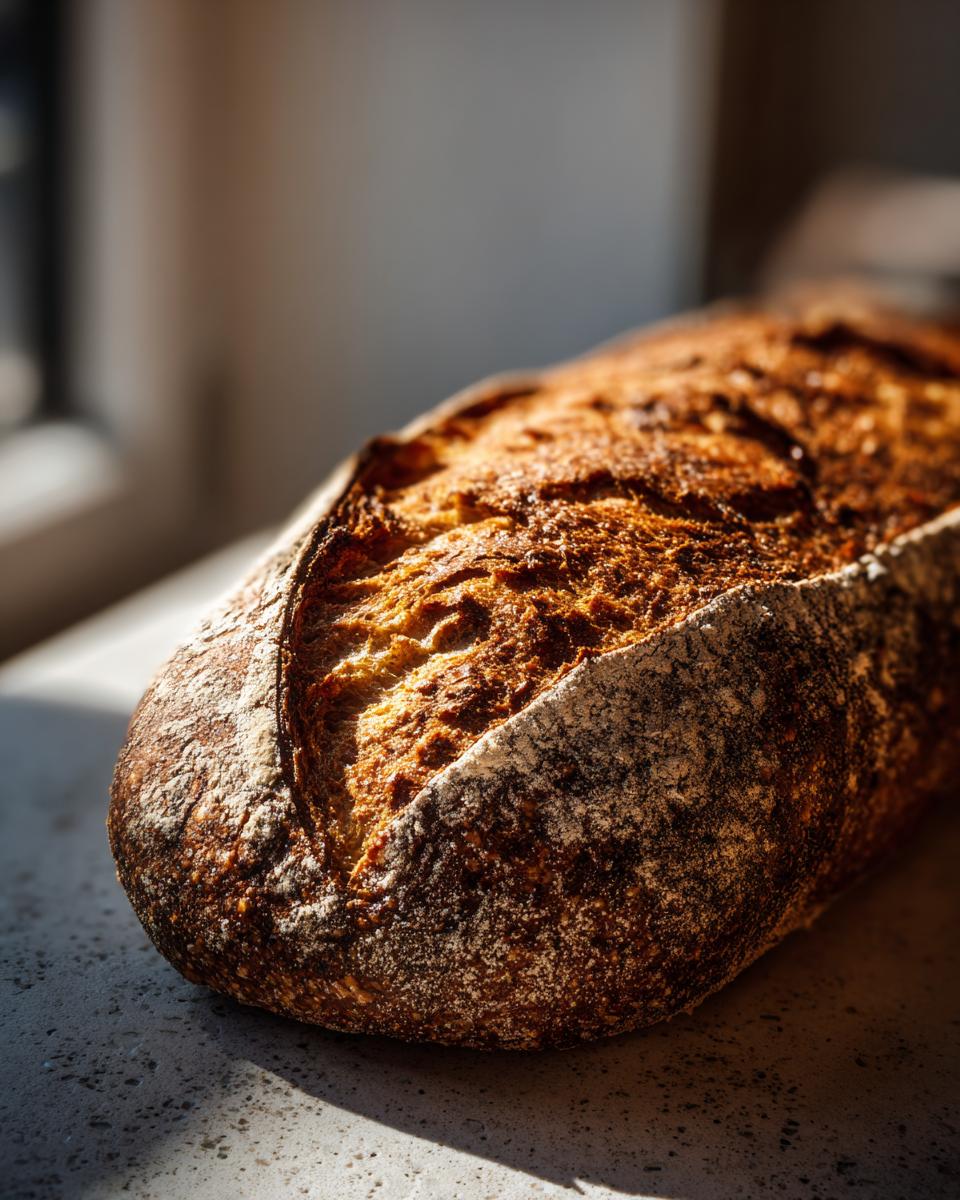 Close-up of a golden-brown, crusty Italian bread loaf with a dusting of flour.