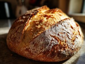A close-up, sunlit view of a large, golden-brown Crusty Italian bread loaf with a beautifully scored crust.