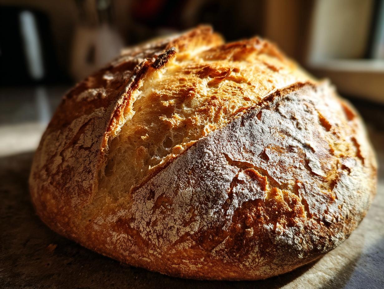 A close-up, sunlit view of a large, golden-brown Crusty Italian bread loaf with a beautifully scored crust.