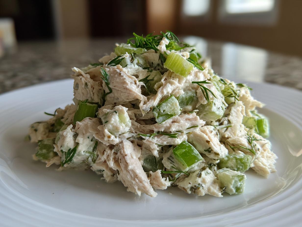 A mound of creamy dill pickle chicken salad mixed with celery chunks and topped with fresh dill.
