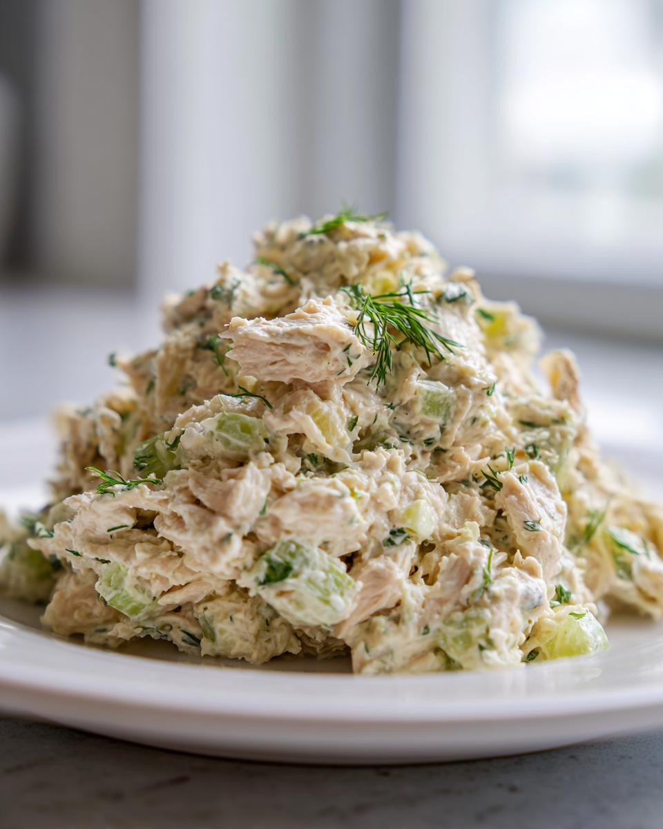 A mound of creamy dill pickle chicken salad featuring shredded chicken, celery, and fresh dill garnish on a white plate.
