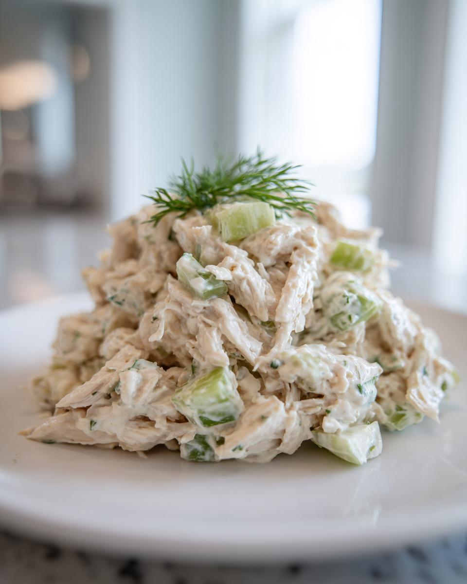 A mound of creamy dill pickle chicken salad with visible chunks of pickle, topped with fresh dill.