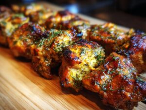 Close-up of juicy dill pickle ranch chicken skewers, seasoned with fresh dill and grilled to perfection.