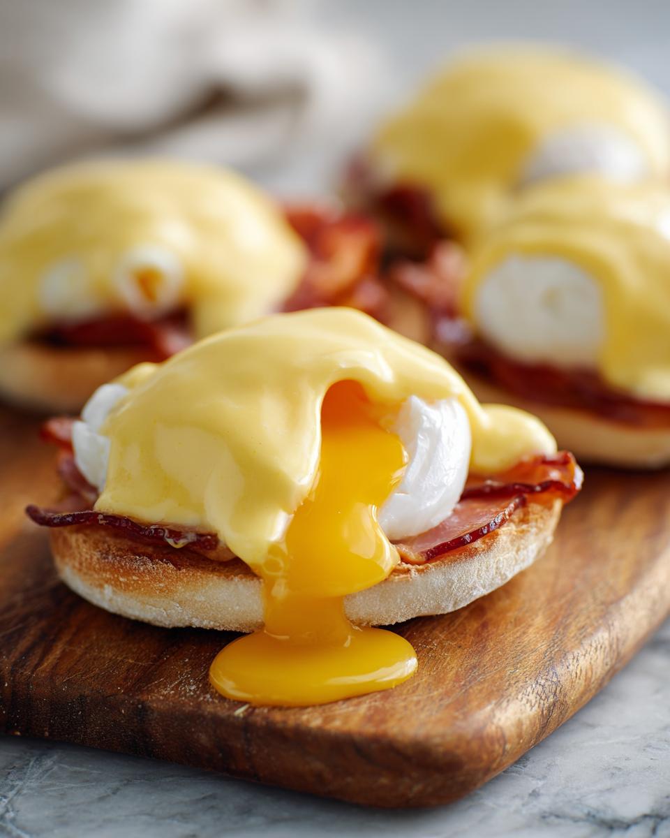 Close-up of eggs benedict on an English muffin with bacon, showing rich hollandaise sauce and runny yolk spilling out.