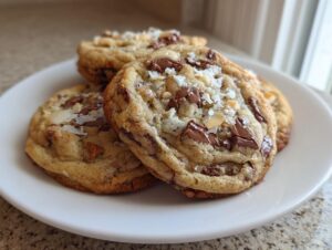 Close-up of several chewy almond joy cookies topped with chocolate chunks and shredded coconut.