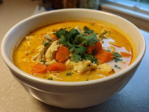 A close-up of a white bowl filled with vibrant orange coconut curry soup, featuring shredded chicken, sliced carrots, and fresh cilantro.