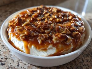 A rich, decadent pecan pie dip made with cream cheese, topped with gooey caramel and chopped pecans, served in a white bowl.