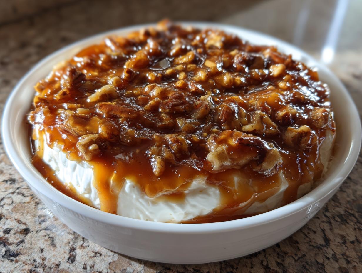 A rich, decadent pecan pie dip made with cream cheese, topped with gooey caramel and chopped pecans, served in a white bowl.