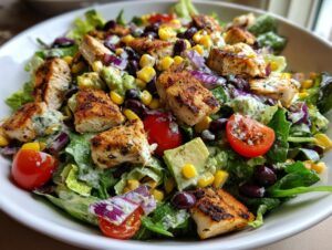 Close-up of a vibrant Southwest chicken salad featuring grilled chicken, black beans, corn, avocado, and cherry tomatoes.