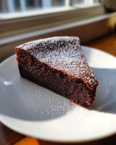 A triangular slice of dense, fudgy flourless chocolate torte dusted with powdered sugar on a white plate.