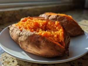Close-up of a fluffy baked sweet potato split open, revealing bright orange flesh.