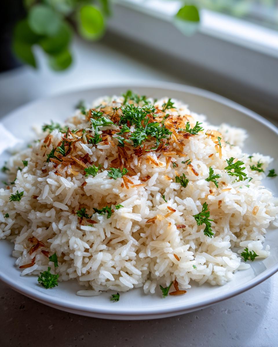 A close-up of a serving of fluffy rice pilaf recipe, garnished with toasted vermicelli and fresh chopped parsley.