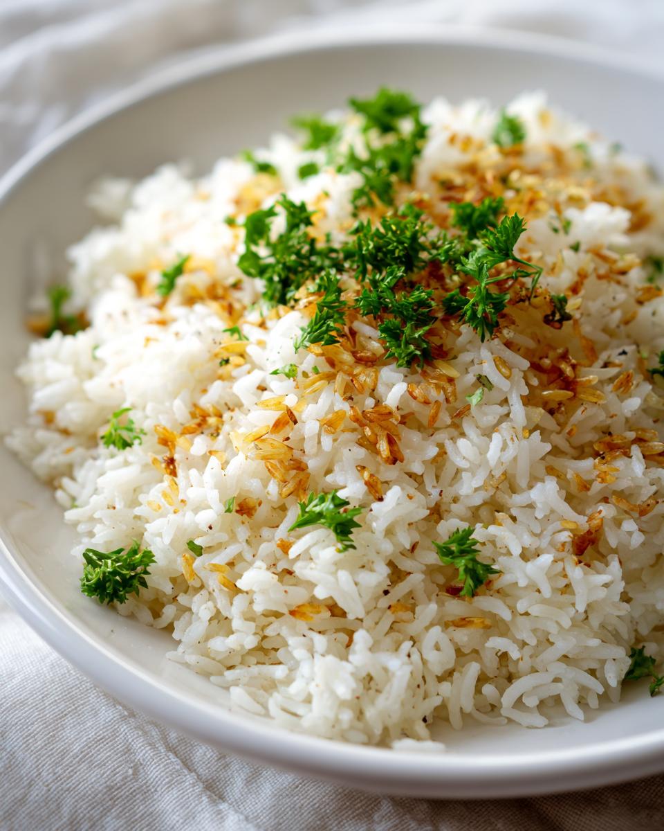 Close-up of a bowl of fluffy white rice pilaf recipe garnished with toasted vermicelli and fresh parsley.