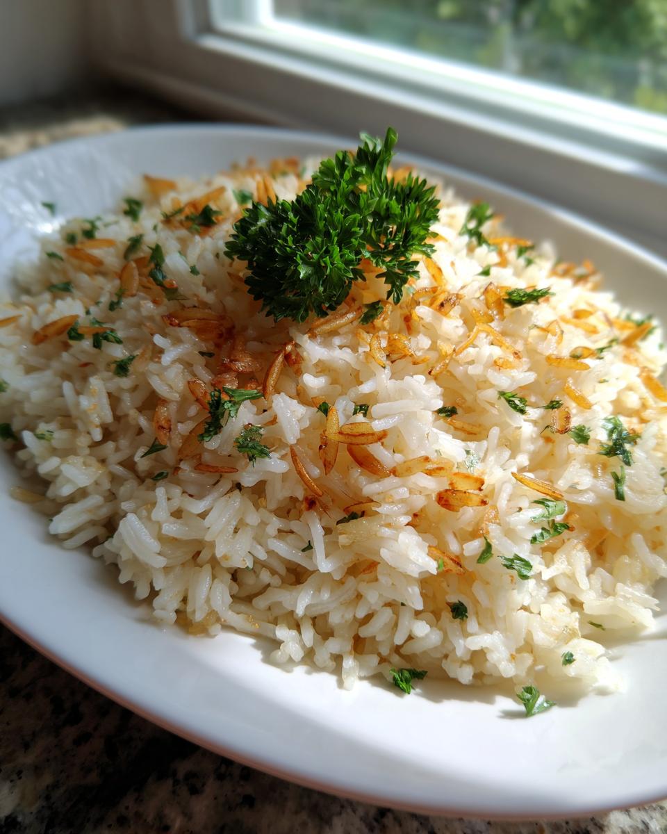 Close-up of a serving of fluffy rice pilaf recipe garnished with toasted vermicelli and fresh parsley.