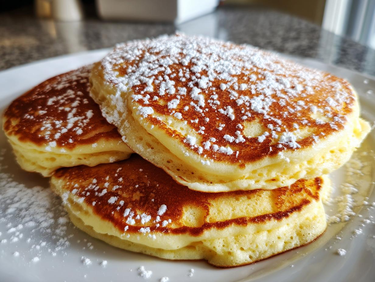 Close-up of three thick, fluffy ricotta pancakes stacked and generously topped with powdered sugar.