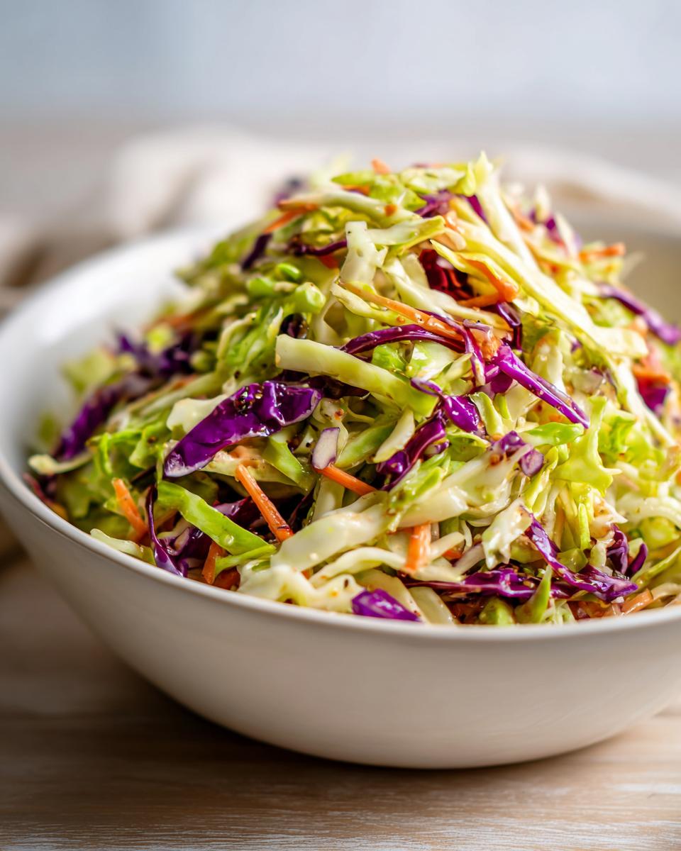 Close-up of vibrant, shredded green and purple cabbage salad mixed with carrots in a white bowl.
