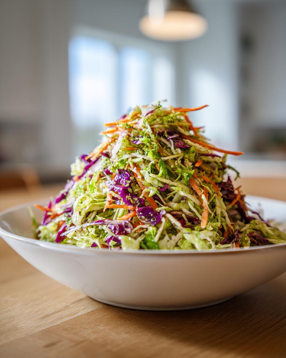 A large mound of vibrant, shredded cabbage salad with carrots and purple cabbage in a white bowl.