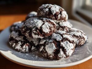 A stack of rich, dark chocolate crinkle cookies heavily dusted with white powdered sugar.