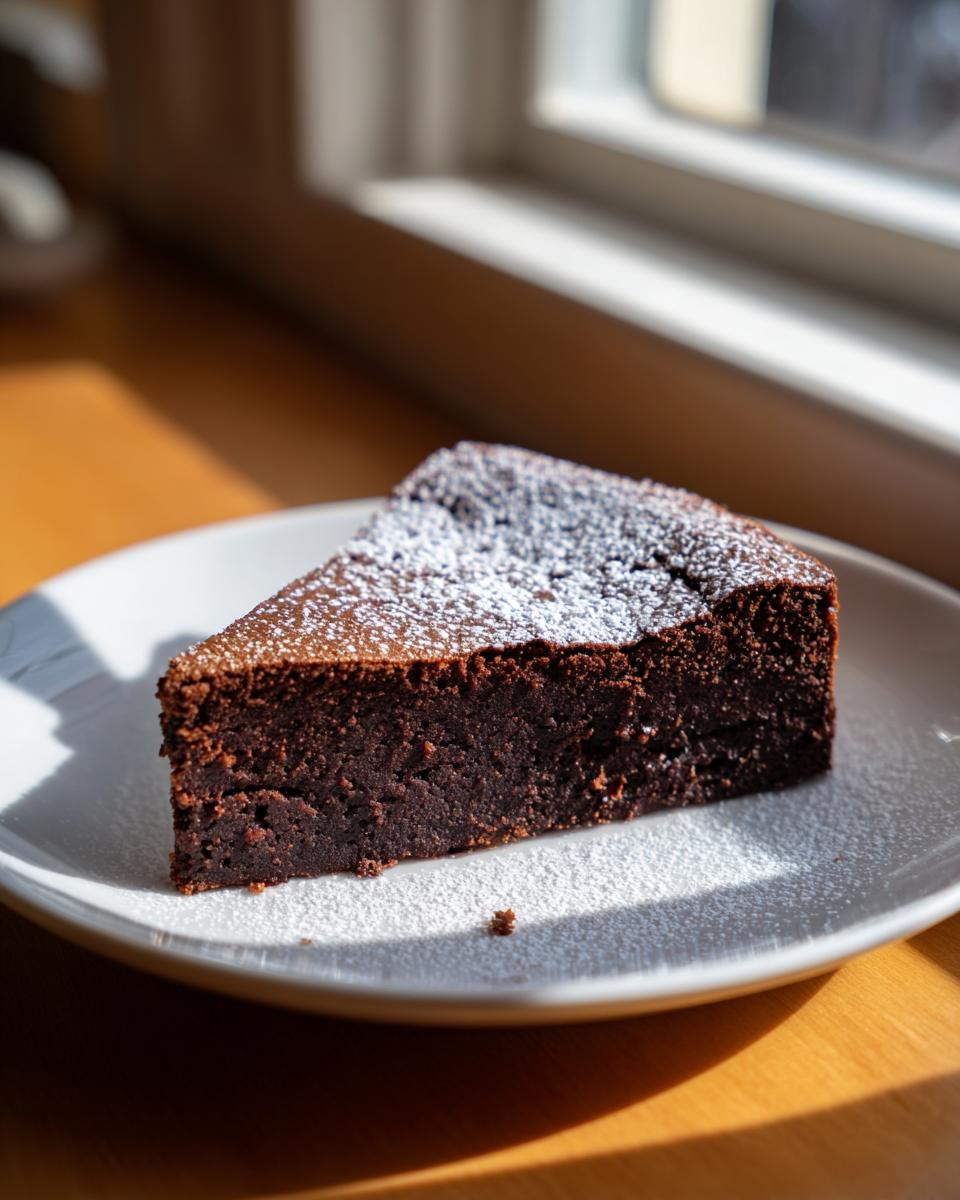 A rich, dark slice of flourless chocolate torte dusted with powdered sugar, sitting on a white plate near a window.