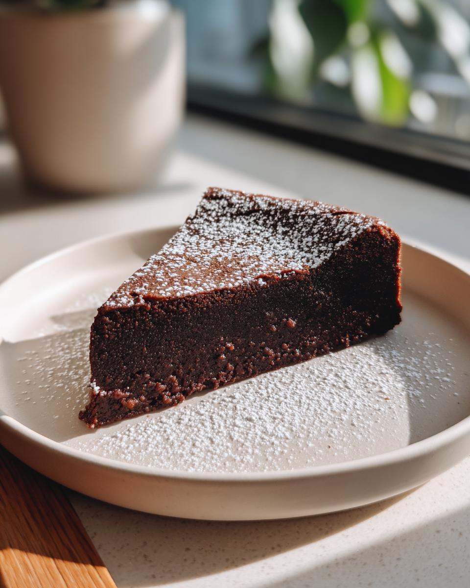 A decadent slice of flourless chocolate torte dusted with powdered sugar on a light plate.