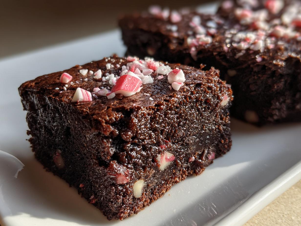Close-up of a fudgy peppermint brownie square topped with crushed candy cane pieces.