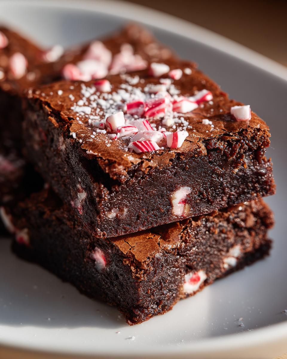 Close-up of two stacked, fudgy peppermint brownies topped with crushed candy canes and powdered sugar.