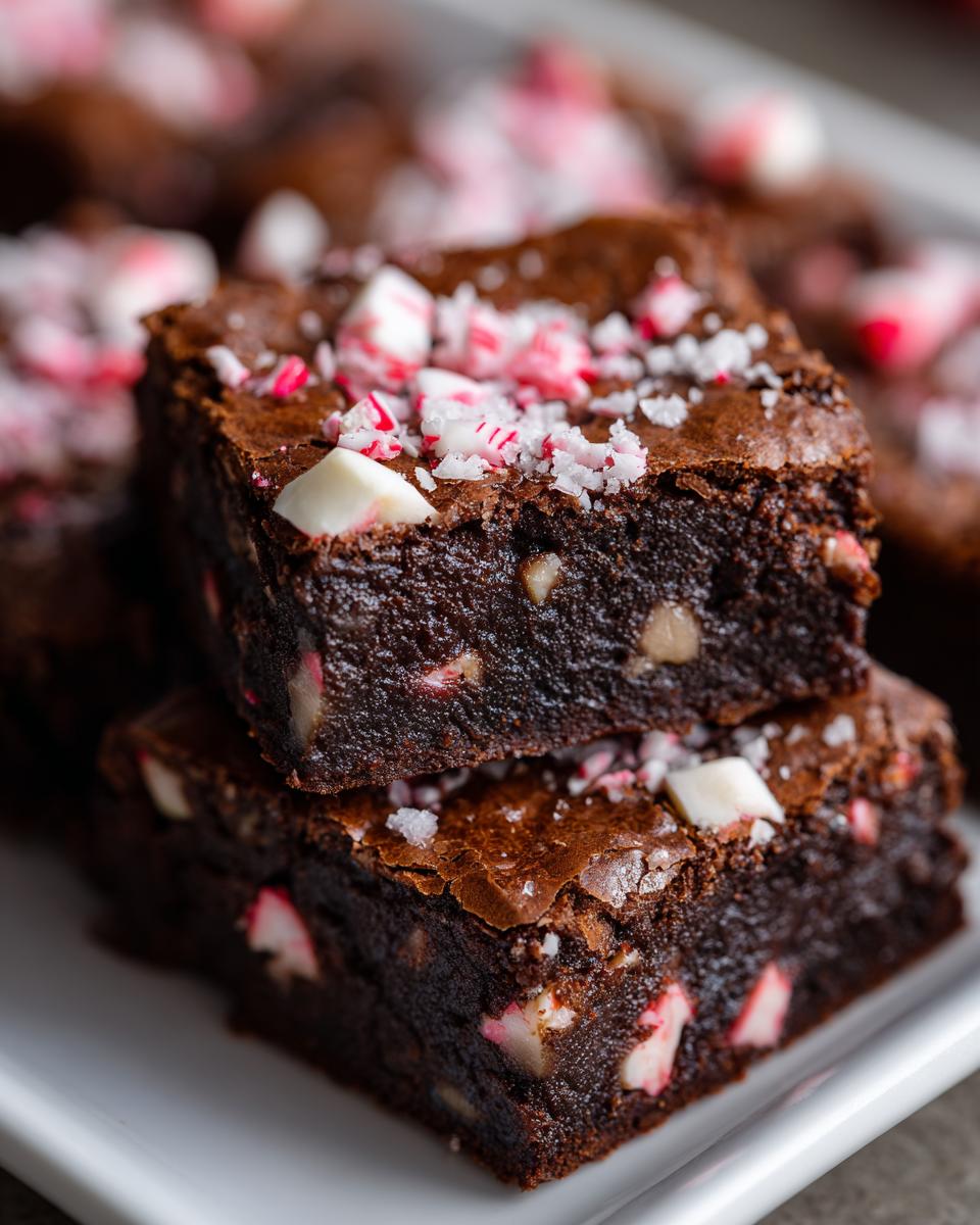 Two fudgy peppermint brownies stacked, topped with crushed candy canes and white chocolate chunks.