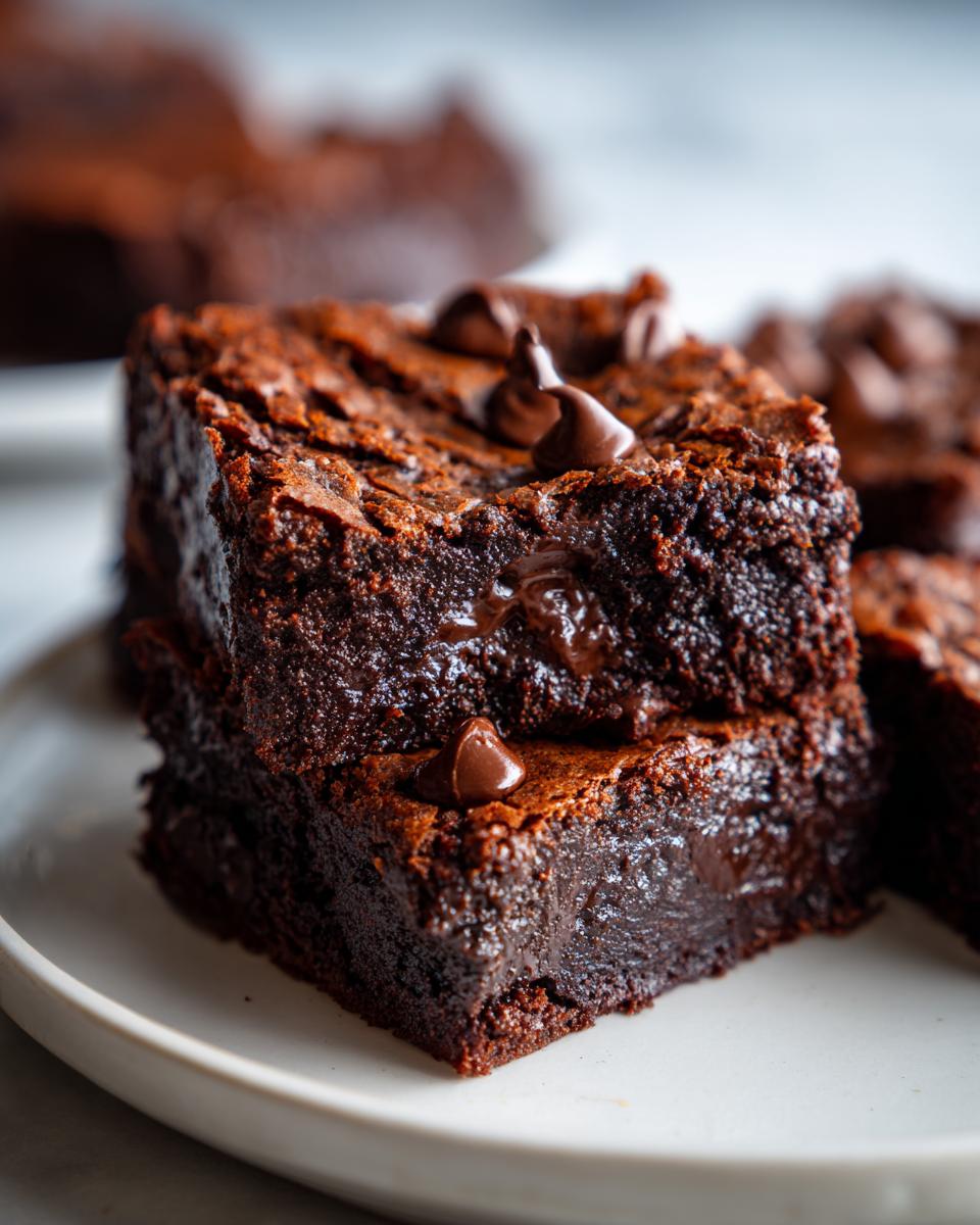 Close-up of two stacked fudgy sweet potato brownies topped with melted chocolate chips.