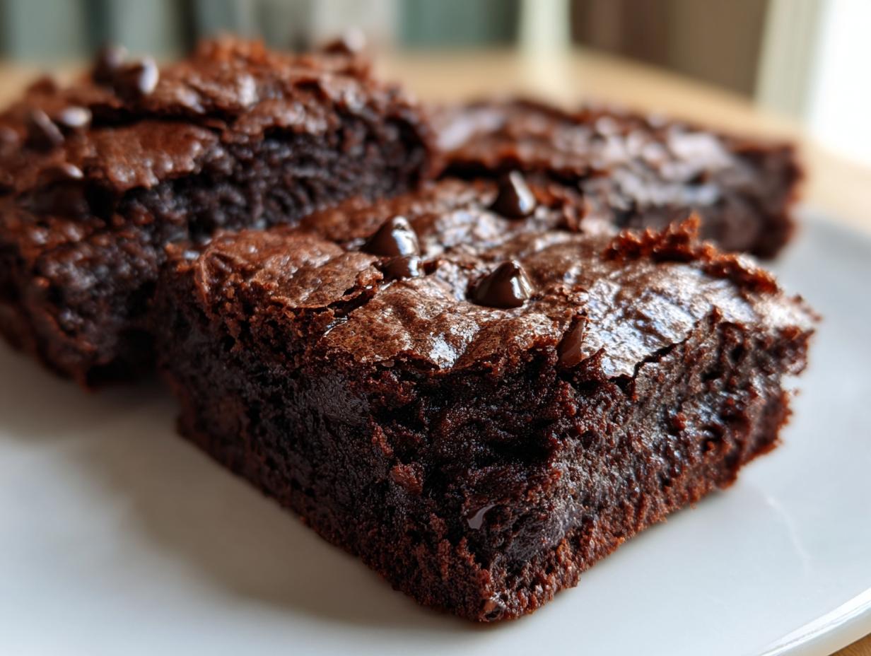 Close-up of fudgy sweet potato brownies topped with melted chocolate chips on a white plate.