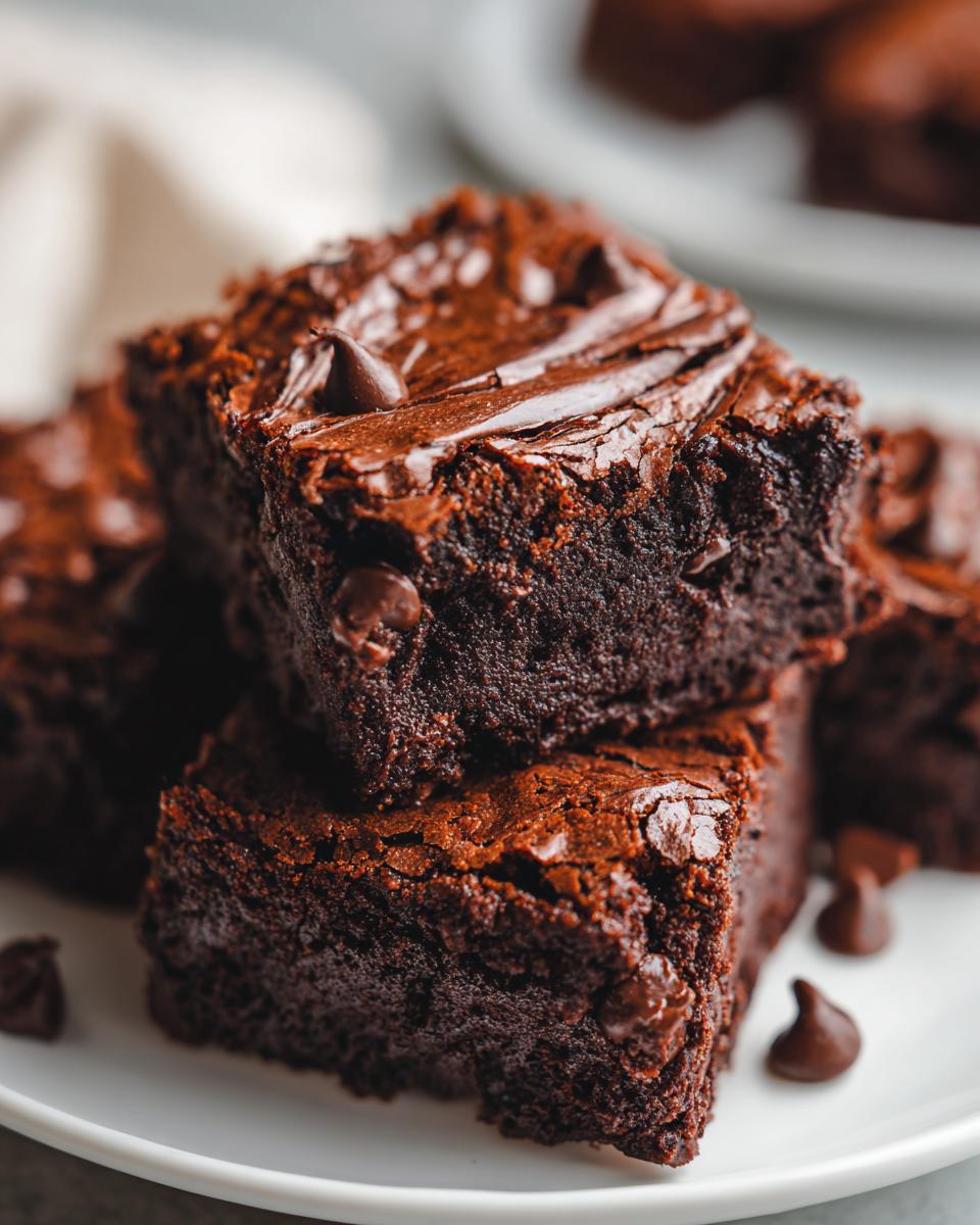 A close-up of a stack of fudgy sweet potato brownies, topped with melted chocolate and chocolate chips.