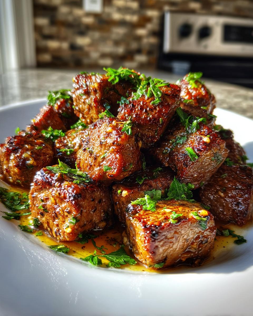 Close-up of juicy, seared garlic butter steak bites piled on a white plate, glistening with butter sauce and topped with fresh parsley.