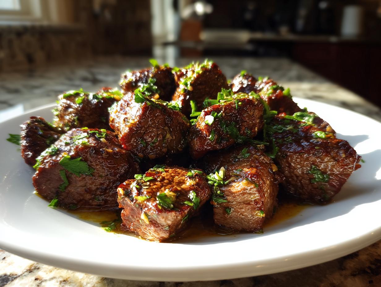 Close-up of tender, cubed garlic butter steak bites glistening with sauce and topped with fresh parsley.