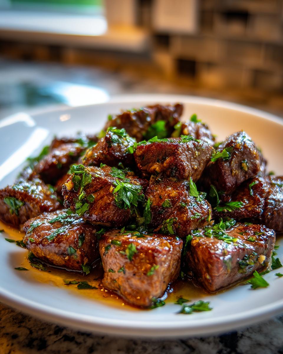 Close-up of tender steak bites coated in garlic butter sauce and sprinkled with fresh parsley, representing garlic butter steak.