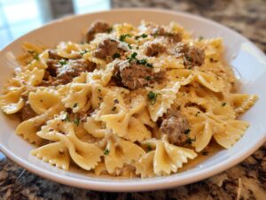 A bowl of Garlic Parmesan Beef Bowtie Pasta topped with meatballs and fresh parsley.