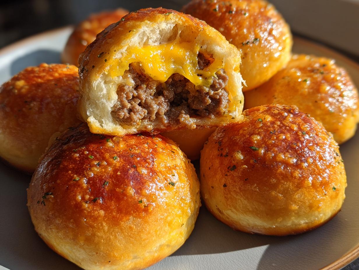 A close-up of a Garlic Parmesan Cheeseburger Bomb, cut in half to reveal melted cheese and seasoned ground beef inside.
