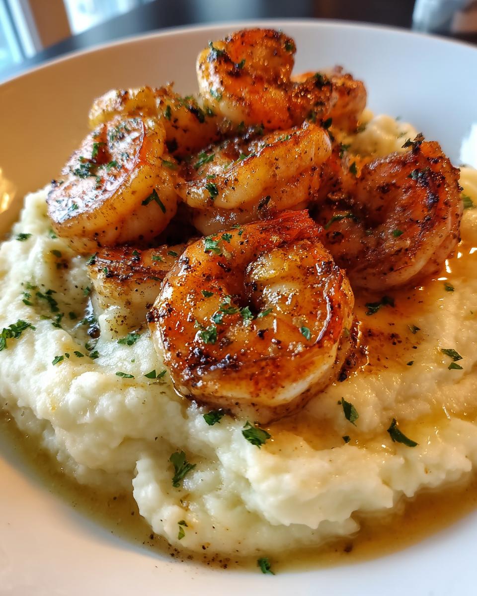 Close-up of succulent garlic shrimp piled high over creamy mashed potatoes, garnished with parsley.
