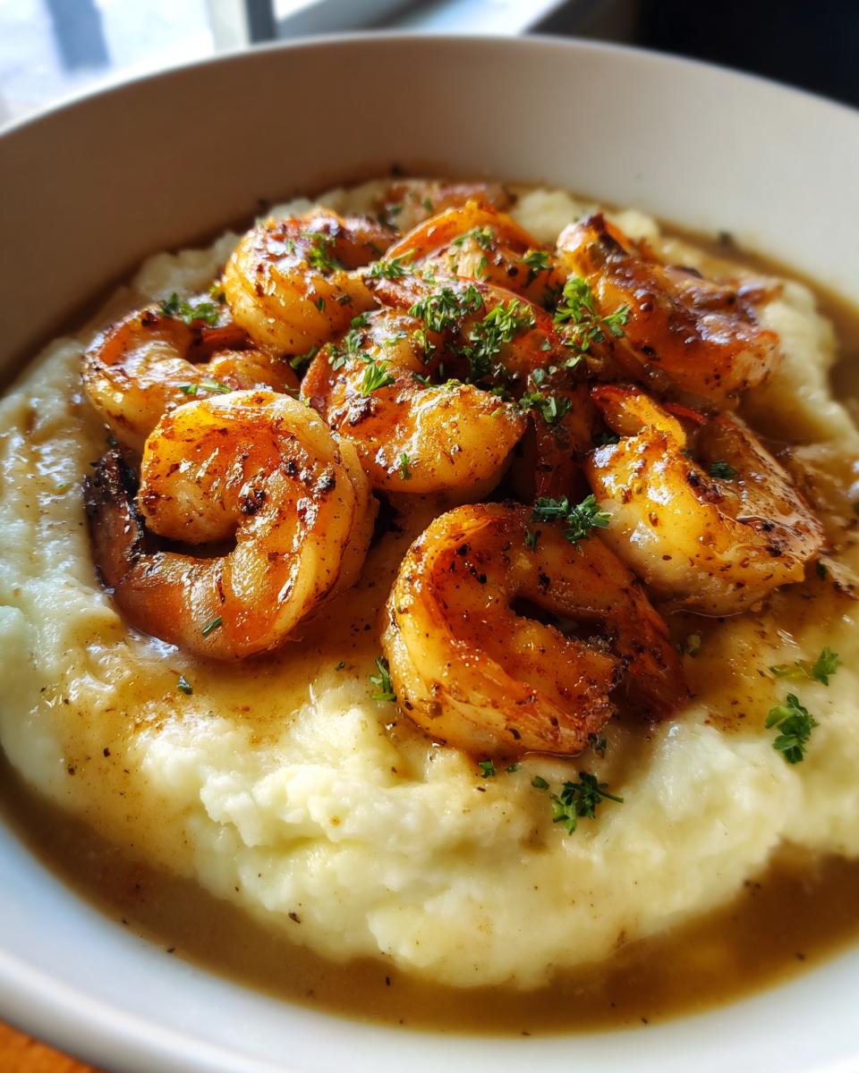A close-up of succulent garlic shrimp piled high over creamy mashed potatoes, garnished with fresh parsley.