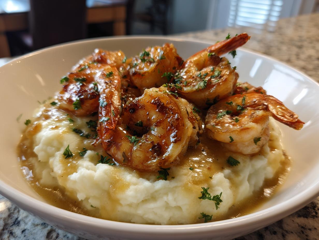 A close-up of succulent garlic shrimp served over creamy mashed potatoes, garnished with parsley.