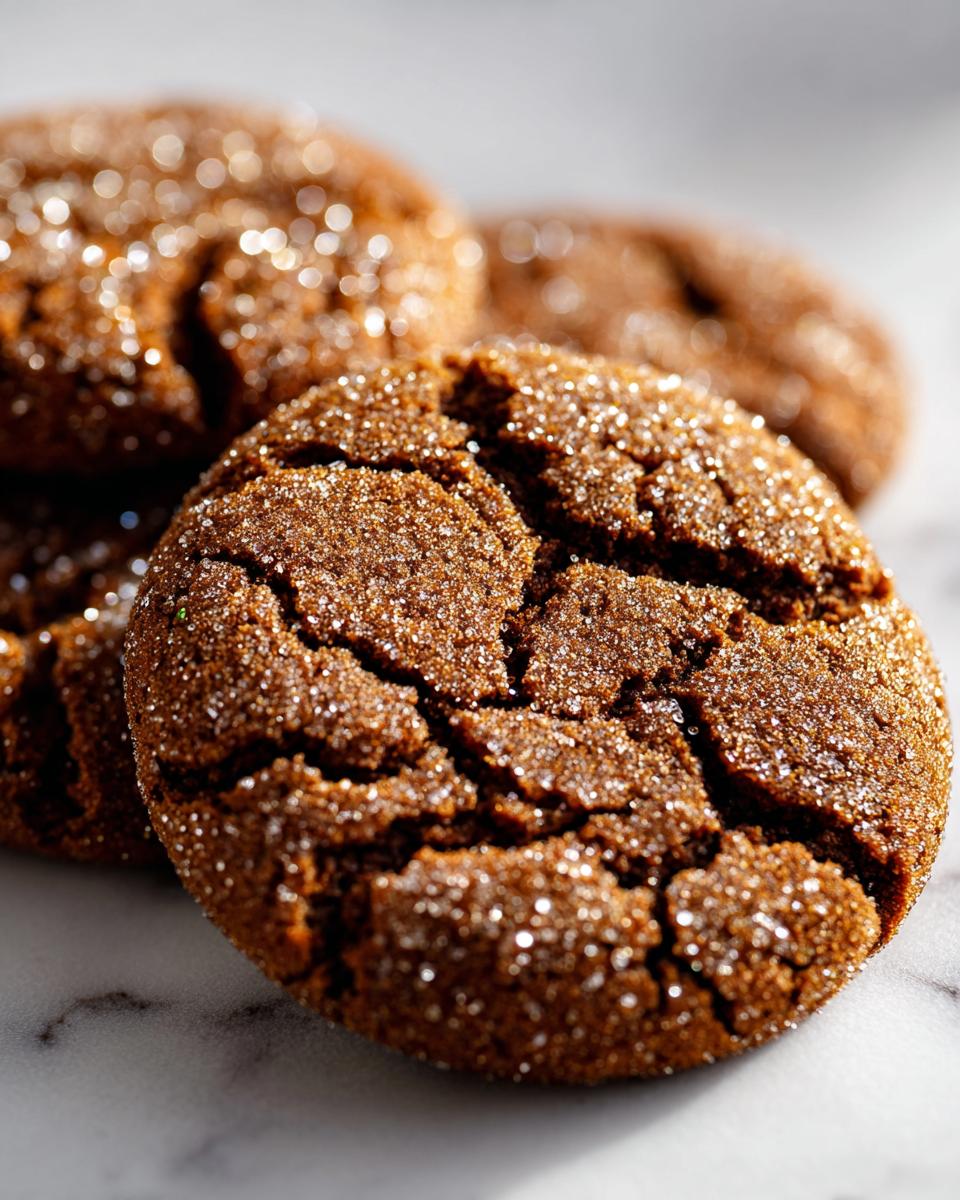 Close-up of delicious ginger molasses cookies rolled in sugar, with a cracked surface.