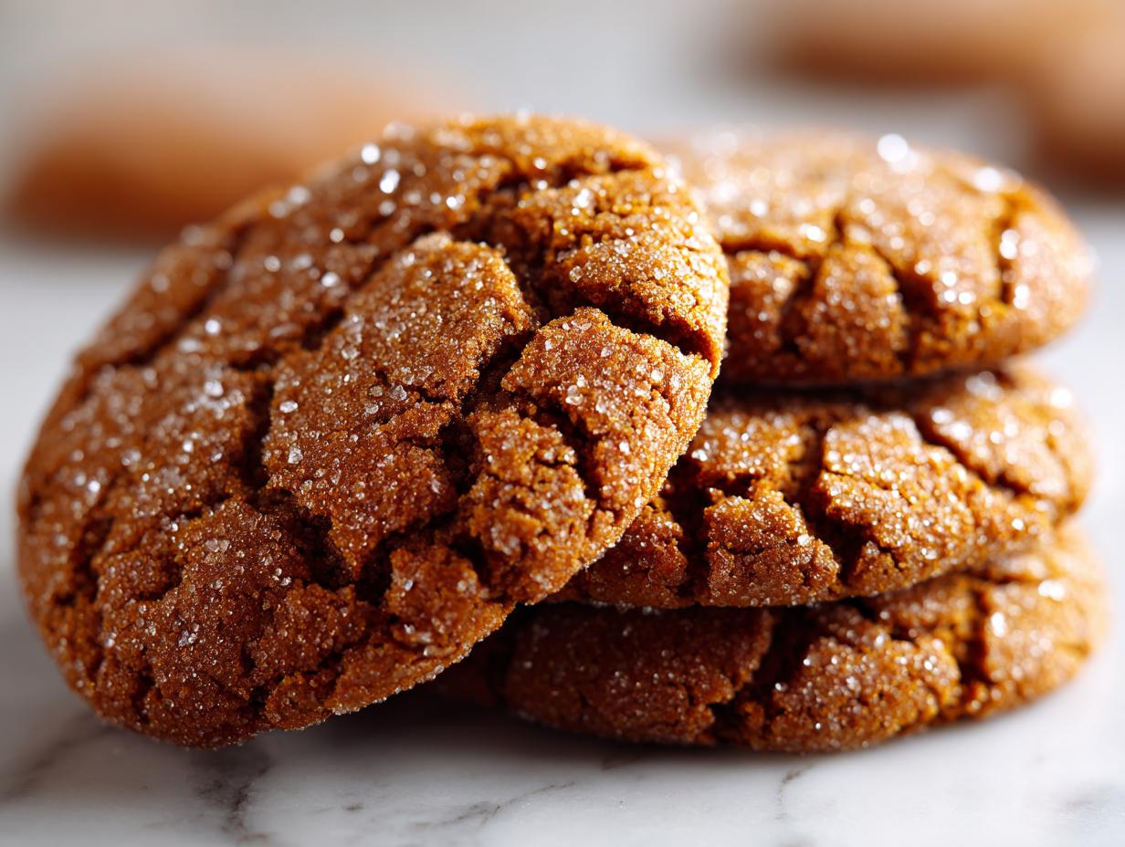 Close-up of a stack of three delicious ginger molasses cookies, coated in sparkling sugar.