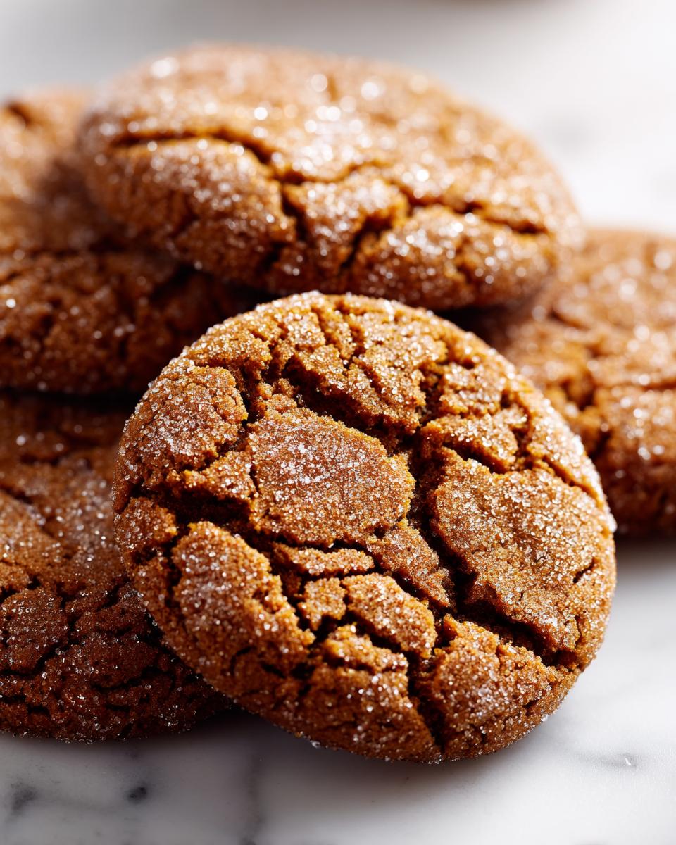 A close-up of several glistening ginger molasses cookies, coated in sugar with cracked surfaces.