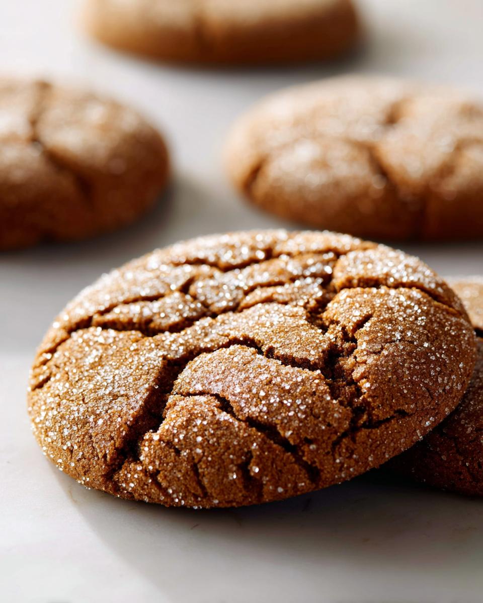 Close-up of a delicious ginger molasses cookie, coated in sparkling sugar crystals, with more cookies blurred in the background.