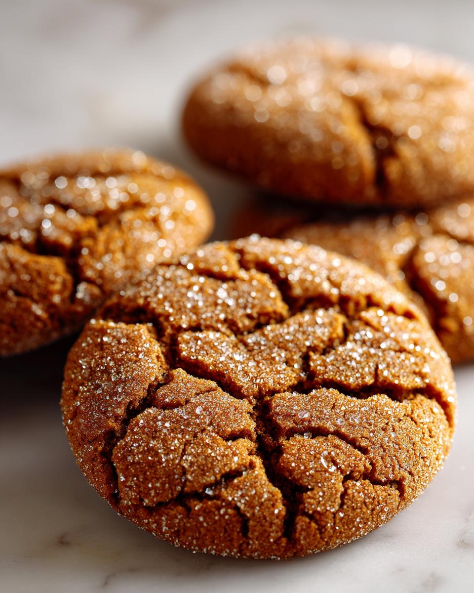 Close-up of several soft ginger molasses cookies, coated in sparkling sugar, with a cracked surface.