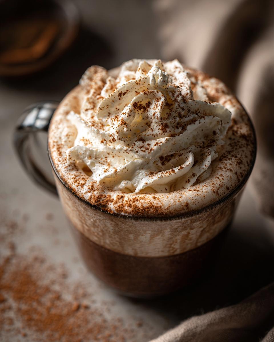 Close-up of a mug filled with Gingerbread hot chocolate, topped with whipped cream and a sprinkle of cinnamon.
