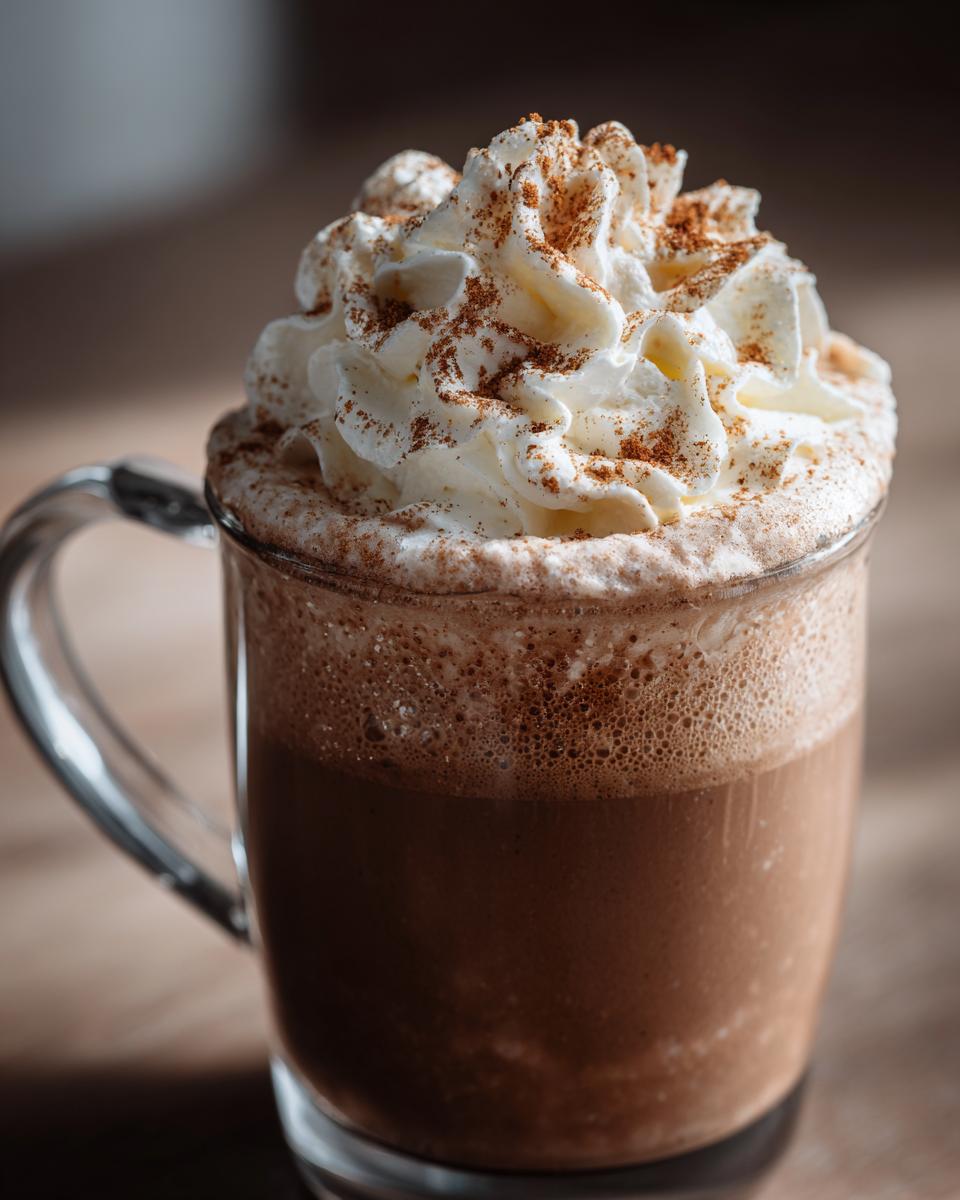 A close-up of a mug filled with rich Gingerbread Hot Chocolate, topped with fluffy whipped cream and a sprinkle of cinnamon.