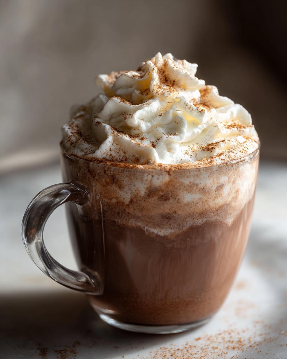 A close-up of a steaming mug of Gingerbread Hot Chocolate topped with whipped cream and a sprinkle of cinnamon.