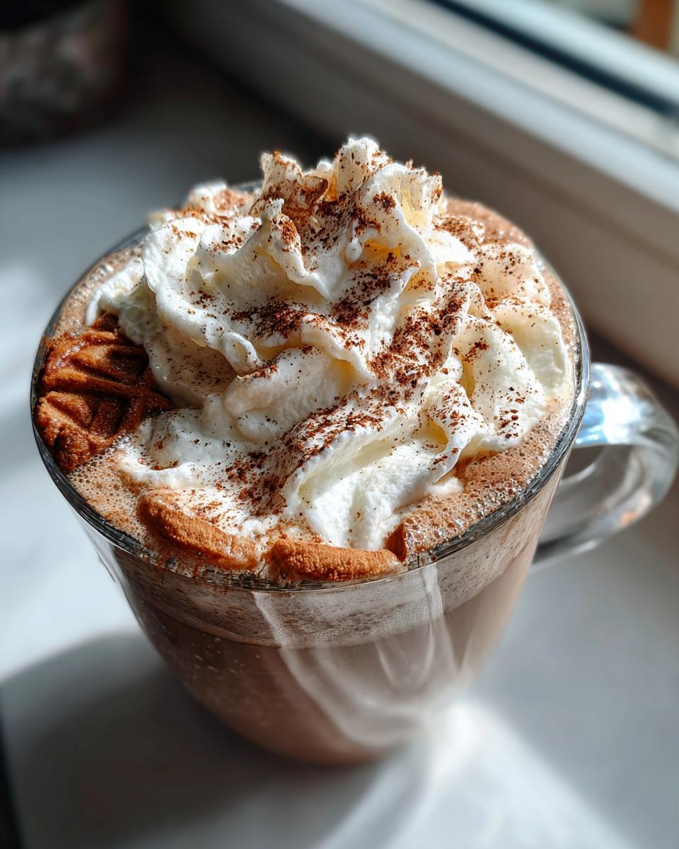 A close-up of a steaming mug of Gingerbread Hot Chocolate topped with whipped cream and a sprinkle of cinnamon.