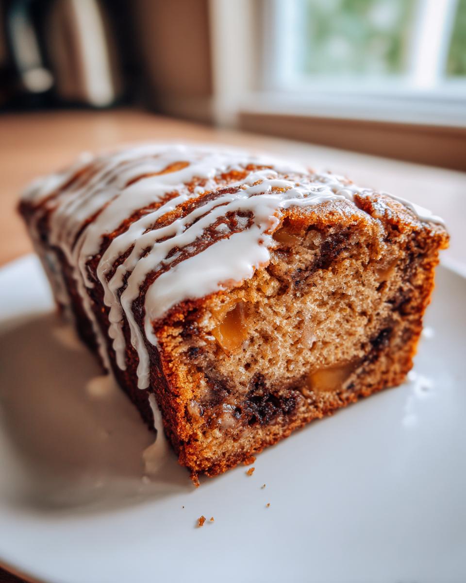 A close-up of a freshly baked apple fritter bread loaf drizzled with white icing.