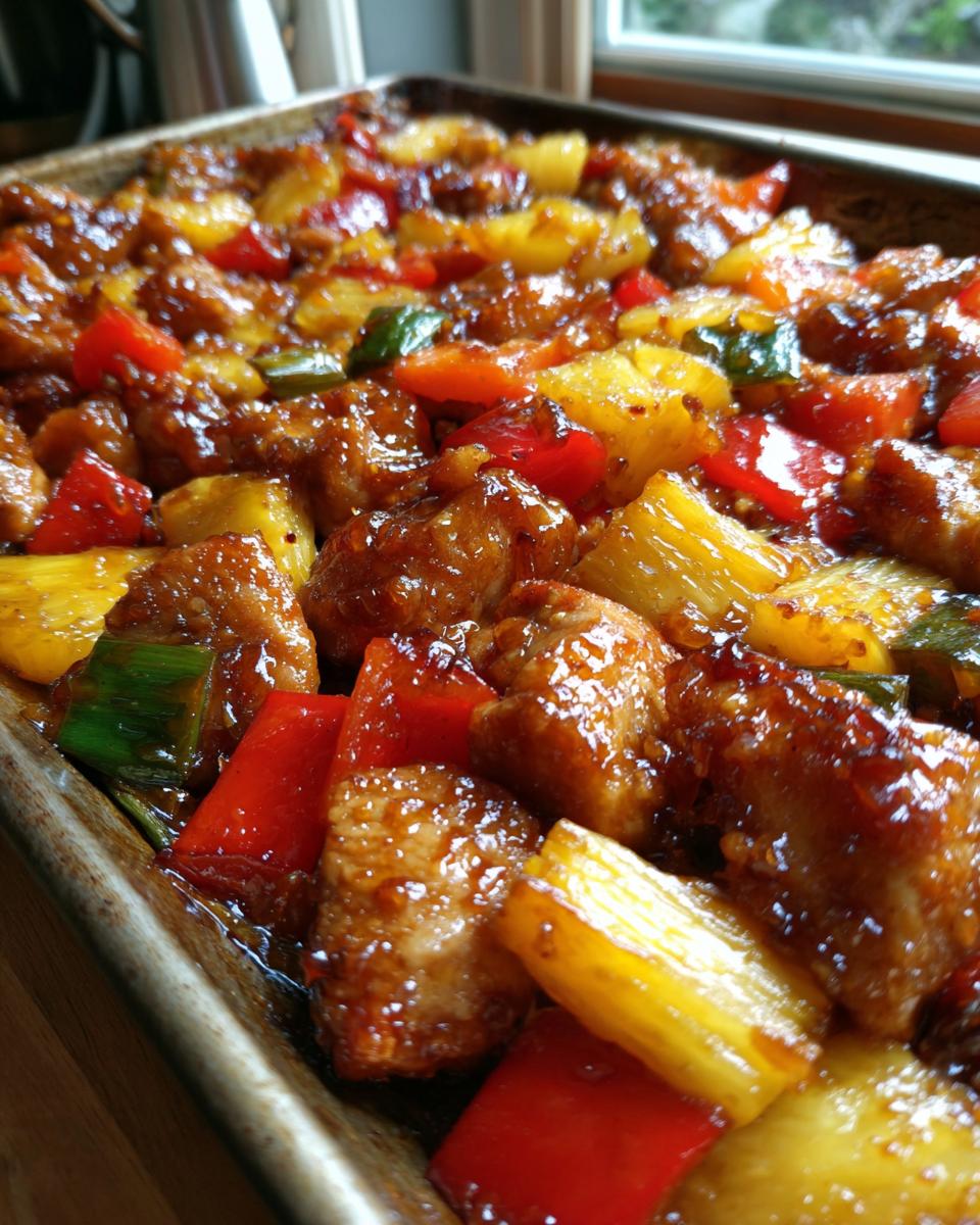 Close-up of glistening, glazed hawaiian chicken sheet pan pieces mixed with chunks of pineapple and red bell peppers.